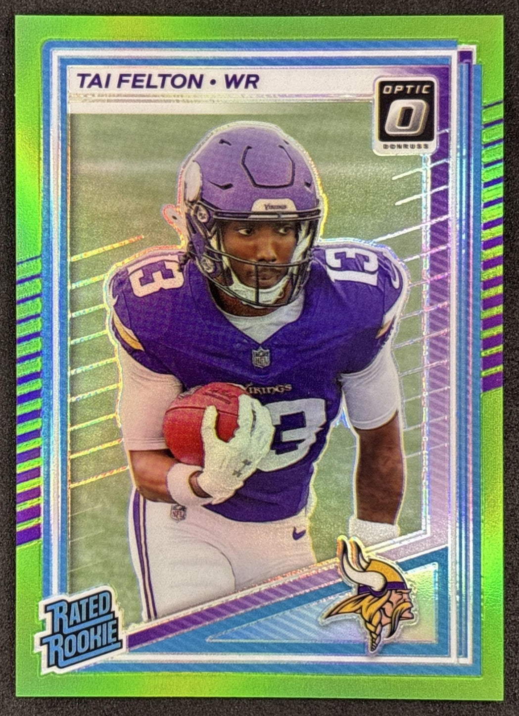 Tai Felton 2025 Panini Donruss Optic Rated Rookie Neon Green Prizm /199 Vikings front