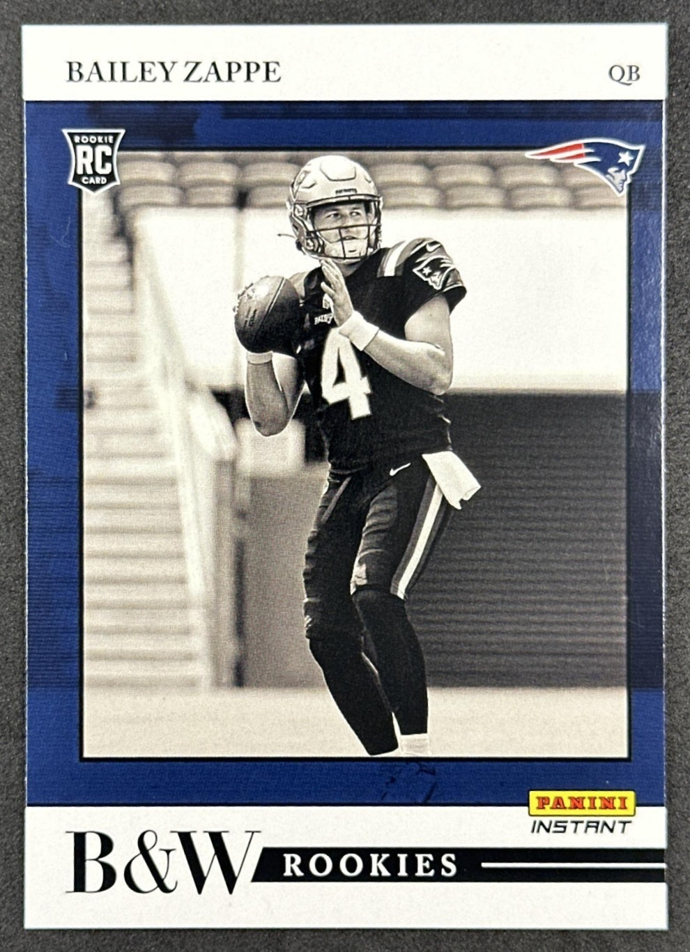 Bailey Zappe 2022 Panini Instant Black & White Rookie /649 Patriots Jets front sports trading card