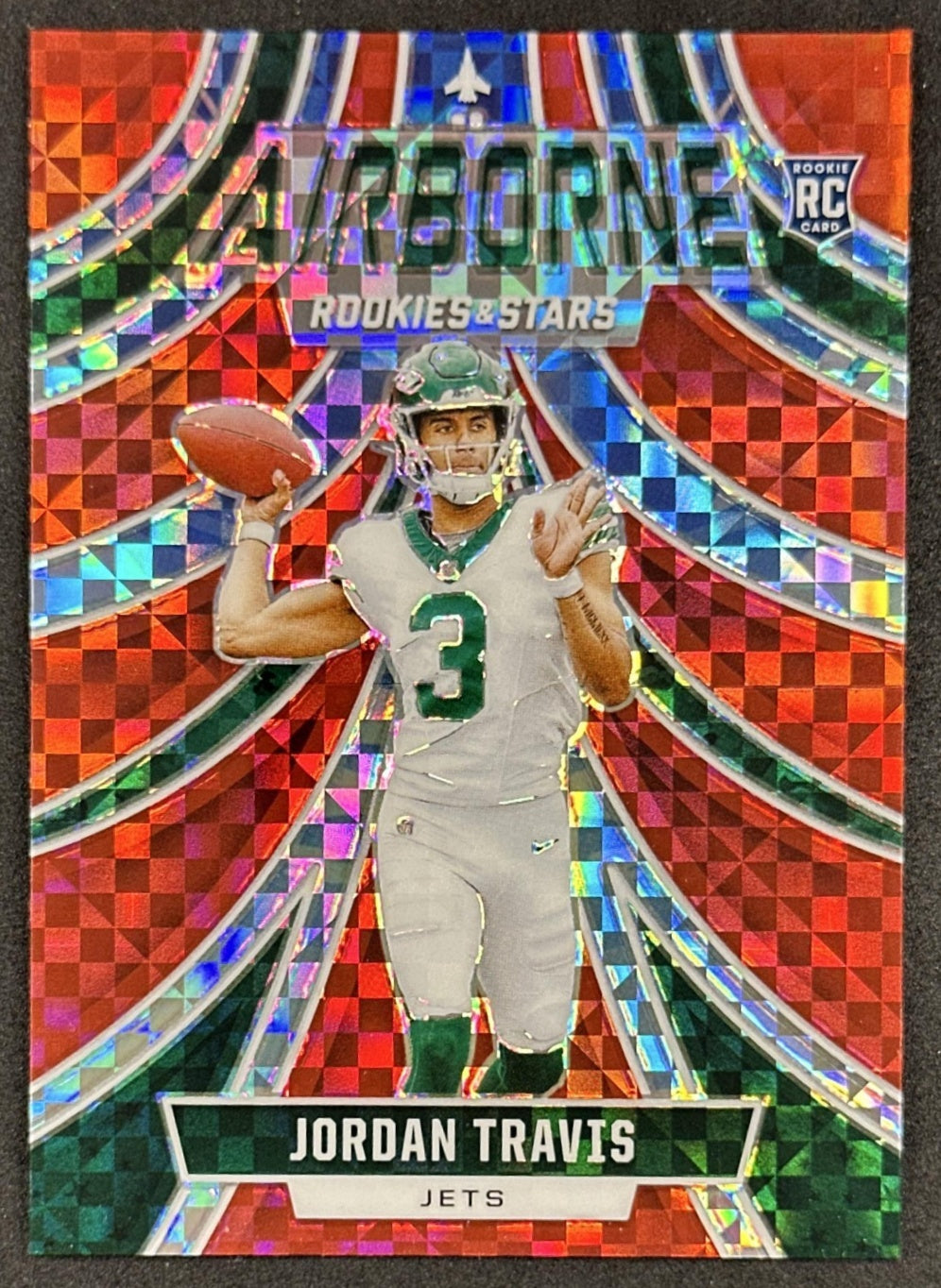 Jordan Travis 2024 Panini Rookies & Stars Airborne Red Plaid Jets front
