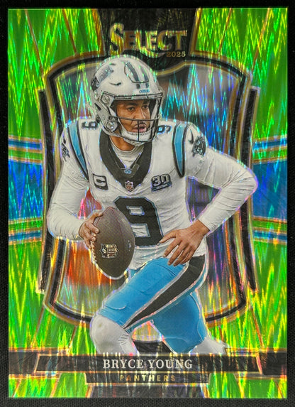 Bryce Young 2025 Select Premier Level Neon Green Prizm Shock /699 Panthers Sports Trading Cards