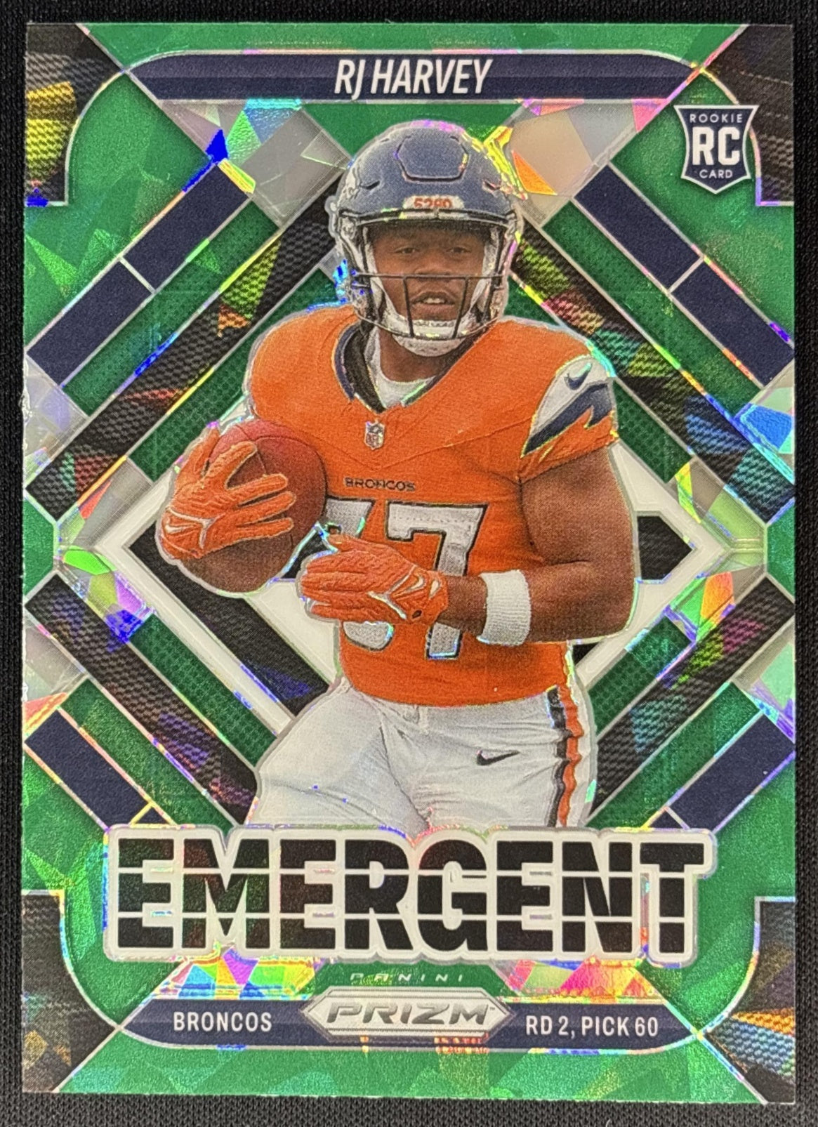 RJ Harvey 2025 Panini Prizm Emergent Green Ice Broncos