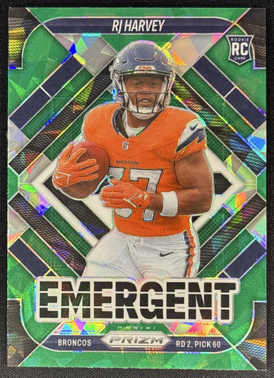RJ Harvey 2025 Panini Prizm Emergent Green Ice Broncos Sports Trading Cards