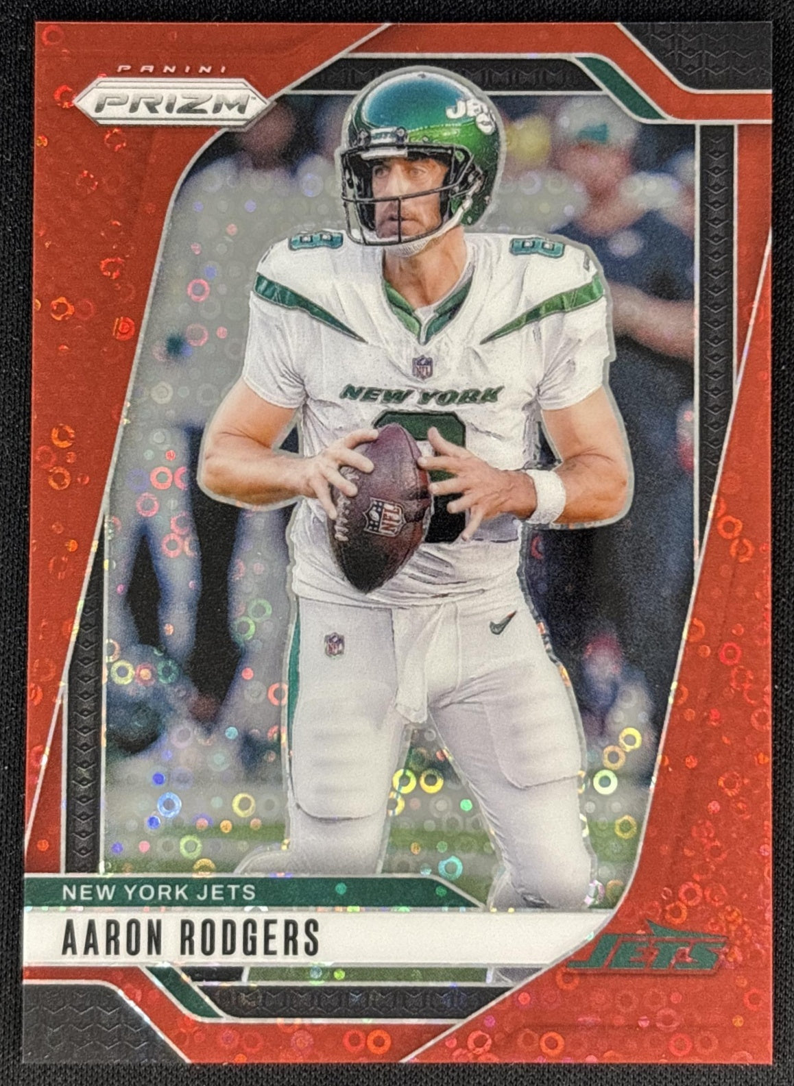 Aaron Rodgers 2024 Panini Prizm No Huddle Red /75 Jets front