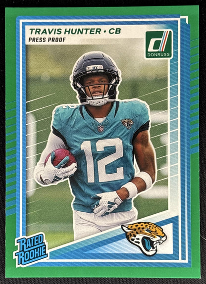 Travis Hunter 2025 Panini Donruss Rated Rookie Press Proof Green Jaguars