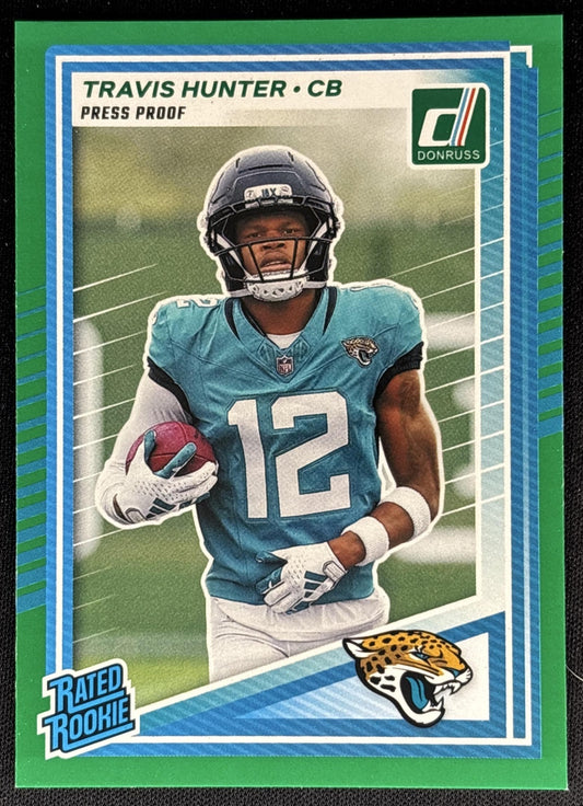 Travis Hunter 2025 Panini Donruss Rated Rookie Press Proof Green Jaguars
