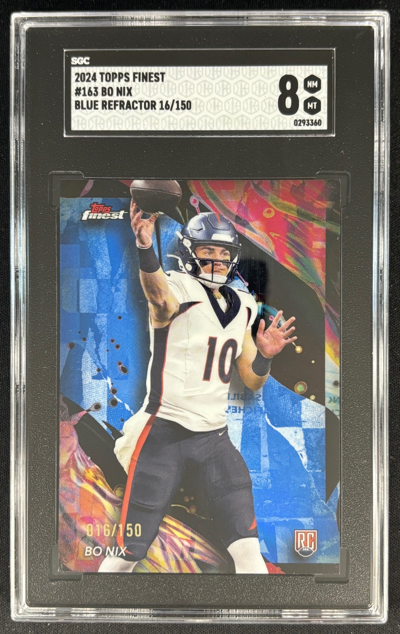 Bo Nix 2024 Finest Blue Refractor /150 SGC 8 Rookie Broncos - Front (Wayne Collection)