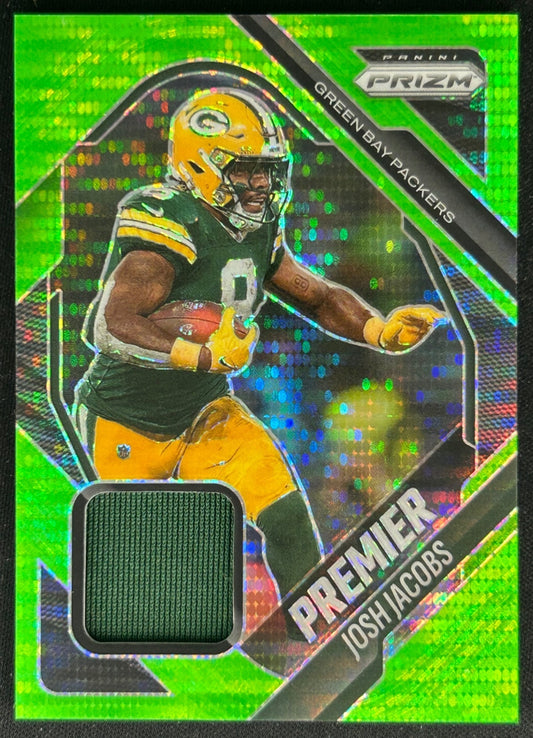 Josh Jacobs 2025 Panini Prizm Premier Jerseys Neon Green Pulsar Packers Sports Trading Cards