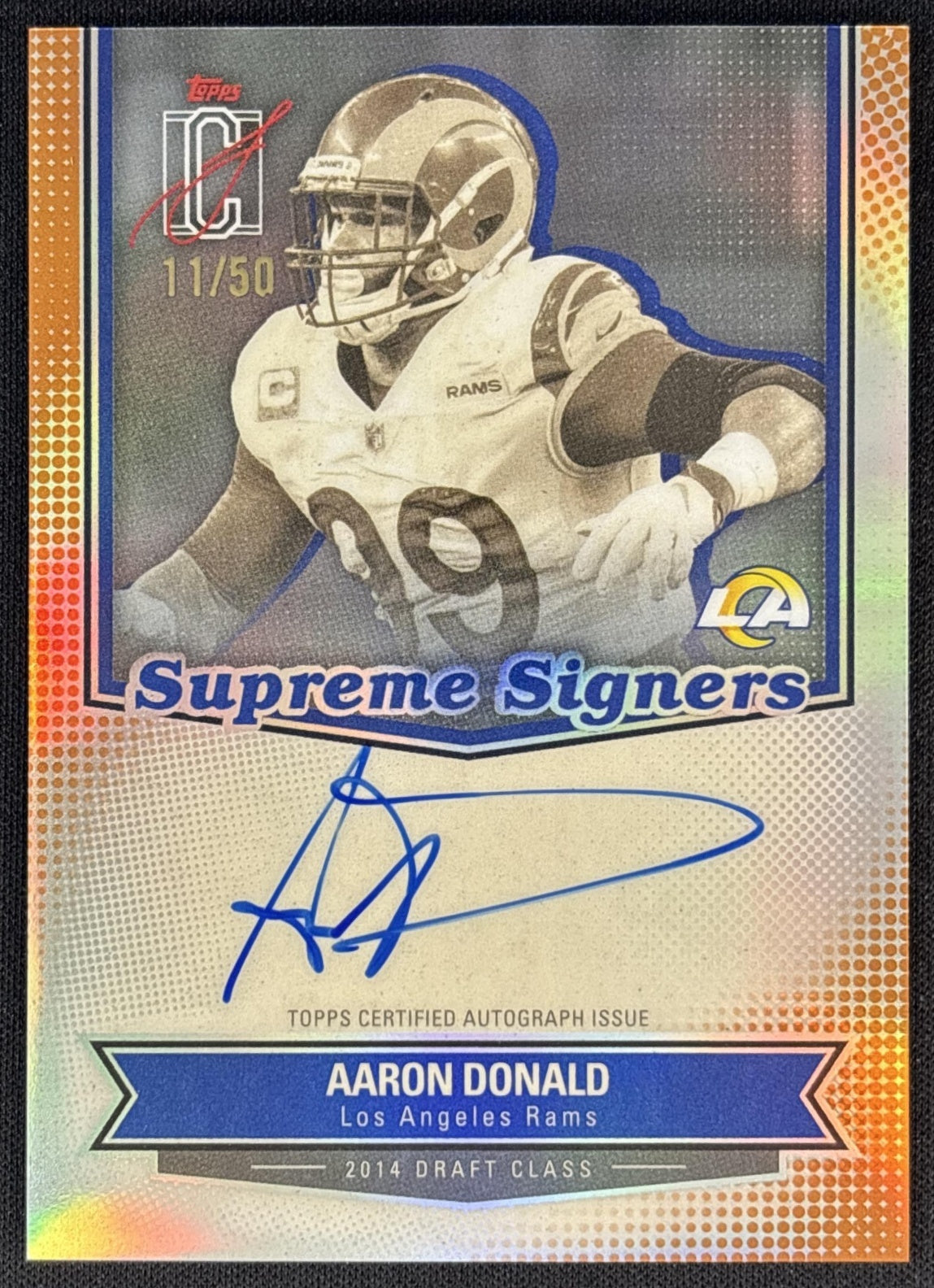 Aaron Donald 2025 Signature Class Supreme Signers Auto Orange Refractor /50 Rams front