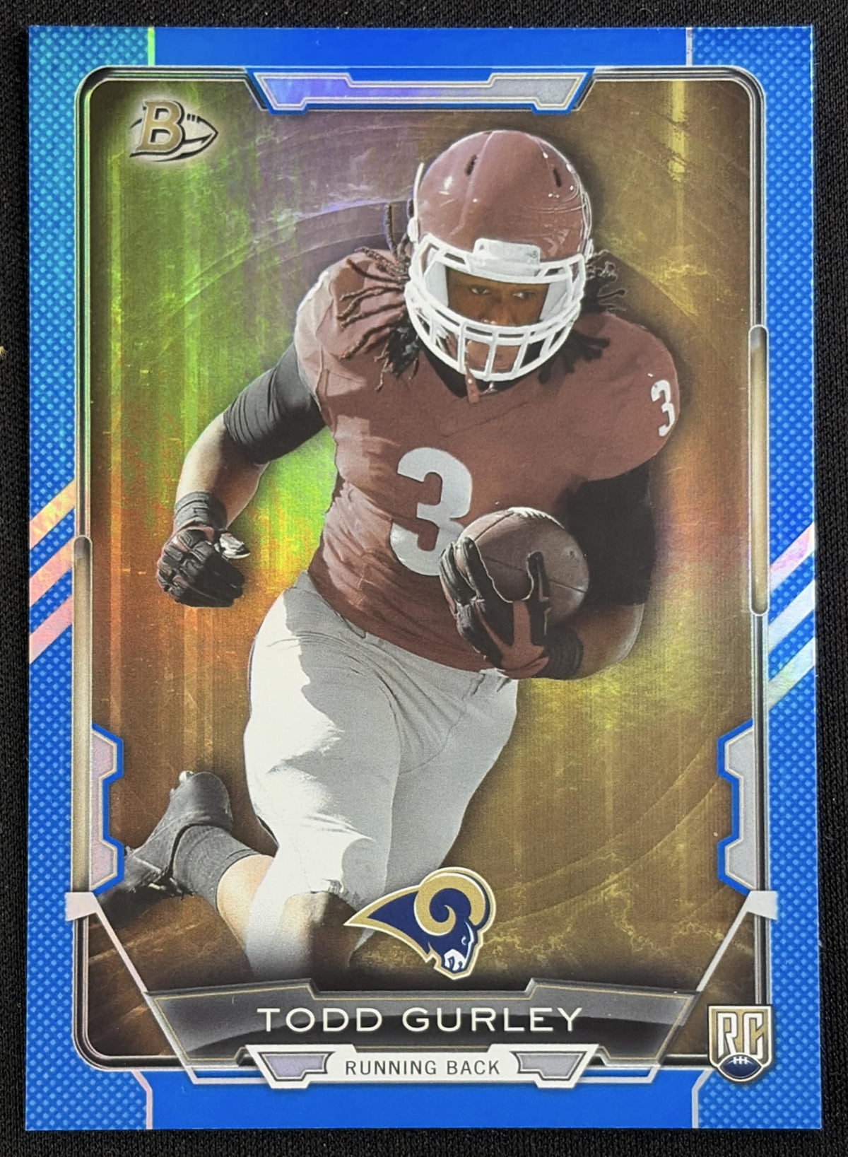 Front of Todd Gurley 2015 Bowman Rookies Rainbow Blue /499 Rams sports trading card