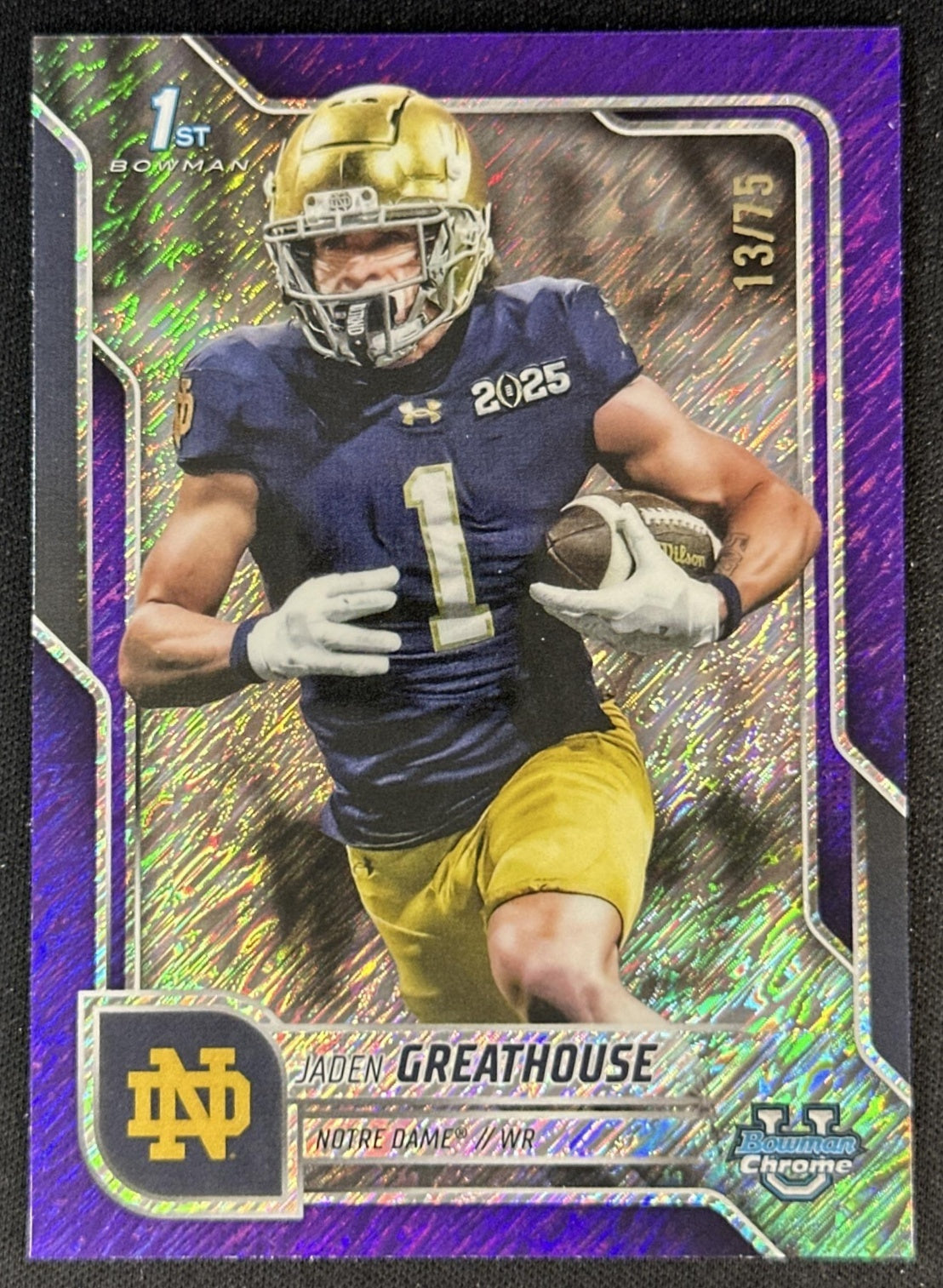 Jaden Greathouse 2025 Chrome University Prospects Purple Shimmer Refractor /75 Fighting Irish