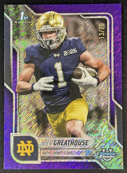 Jaden Greathouse 2025 Chrome University Prospects Purple Shimmer Refractor /75 Fighting Irish