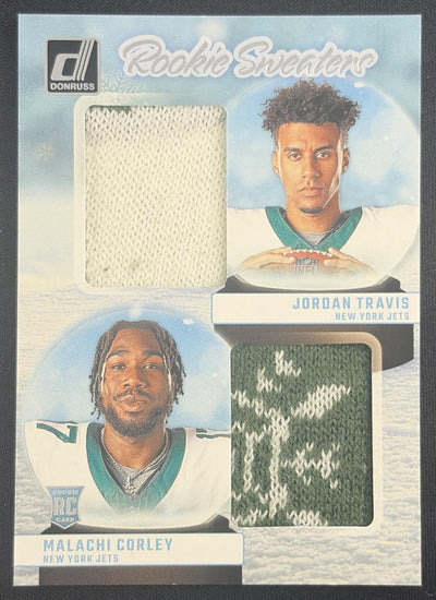 Jordan Travis Malachi Corley 2024 Panini Donruss Rookie Holiday Sweater Dual Jets