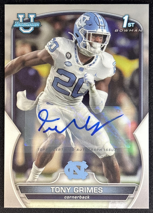 Tony Grimes 2022 Bowman University Chrome Prospect Auto Tar Heels