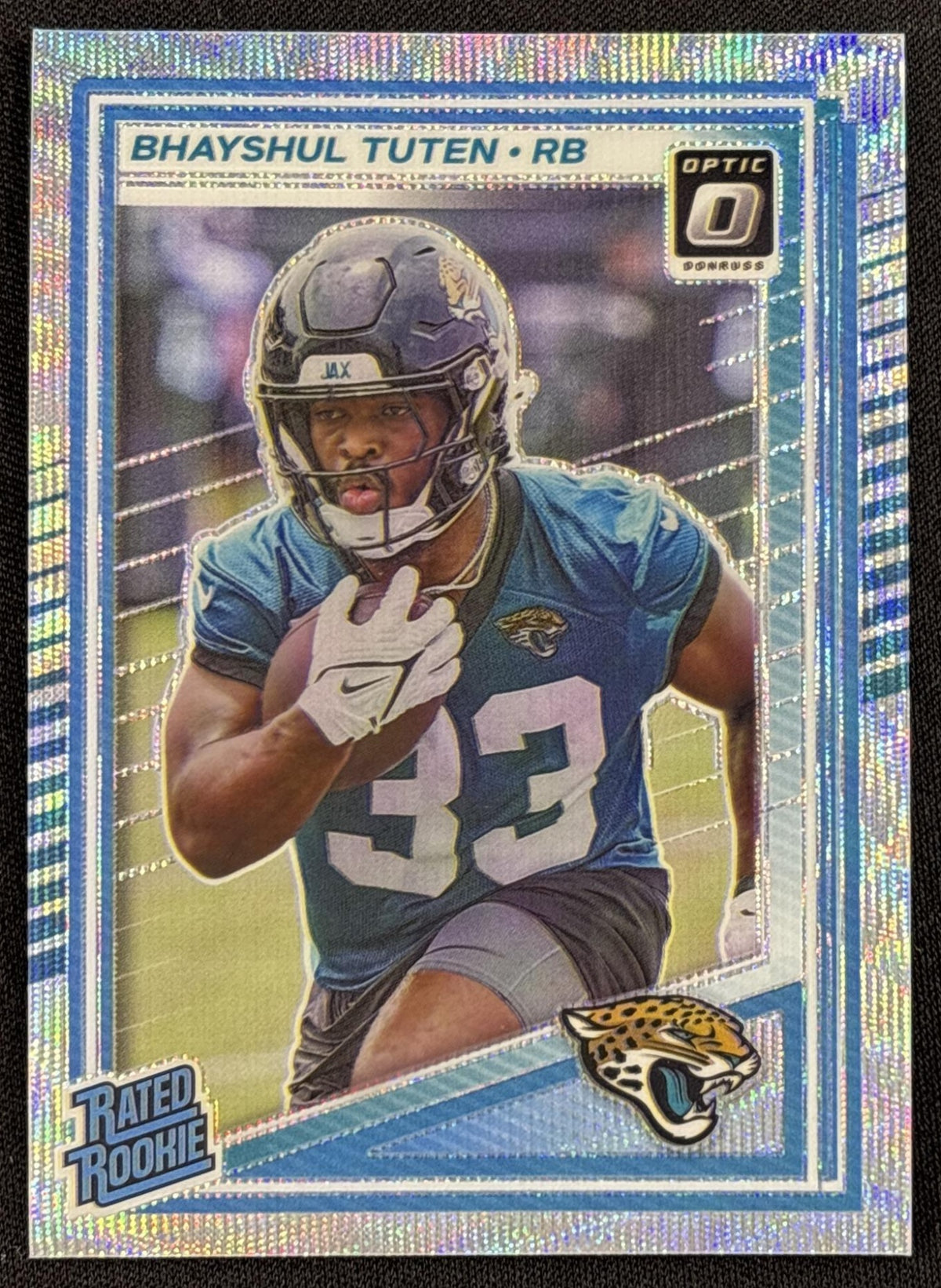 Bhayshul Tuten 2025 Panini Donruss Optic Rated Rookie Purple Shock Prizm Jaguars