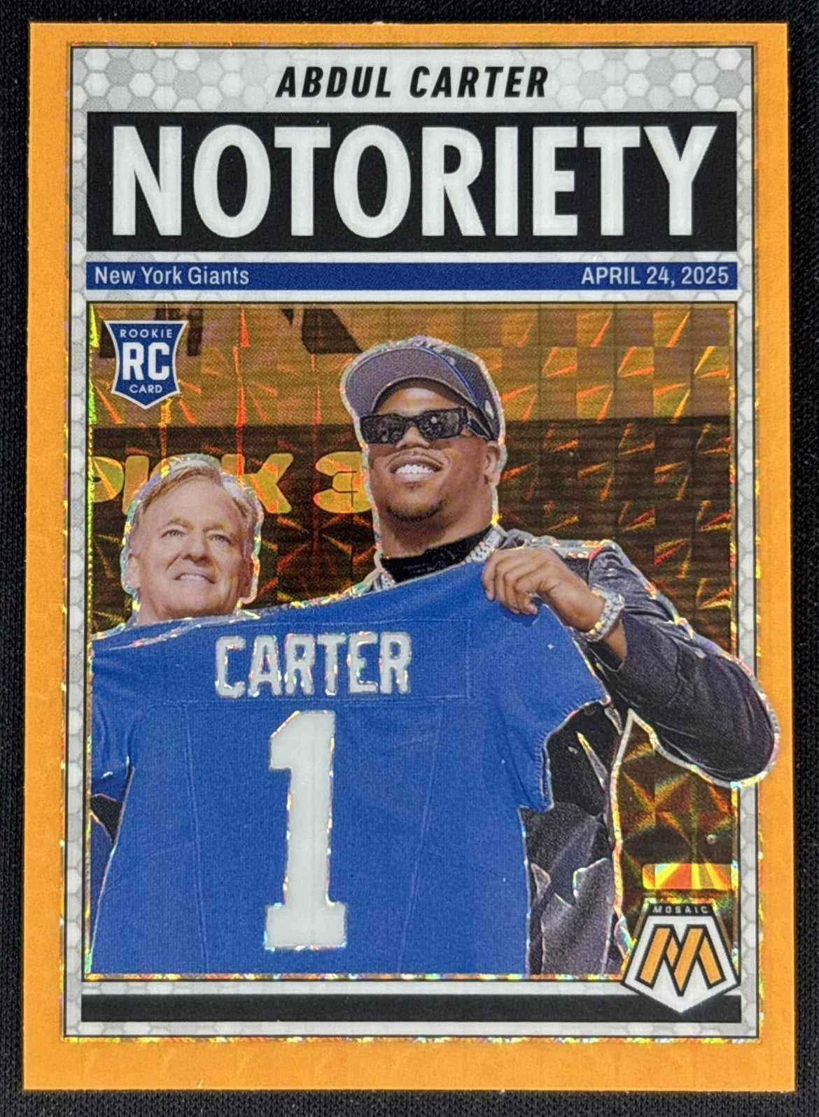 Abdul Carter 2025 Panini Mosaic Notoriety Orange Fluorescent Prizm Giants front