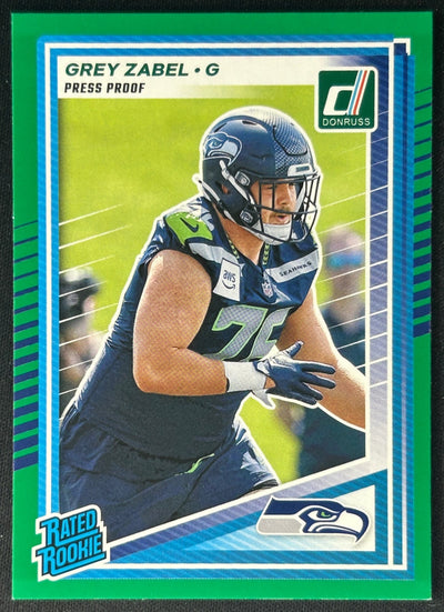 Grey Zabel 2025 Donruss Rated Rookie Press Proof Green Seahawks Sports Trading Card