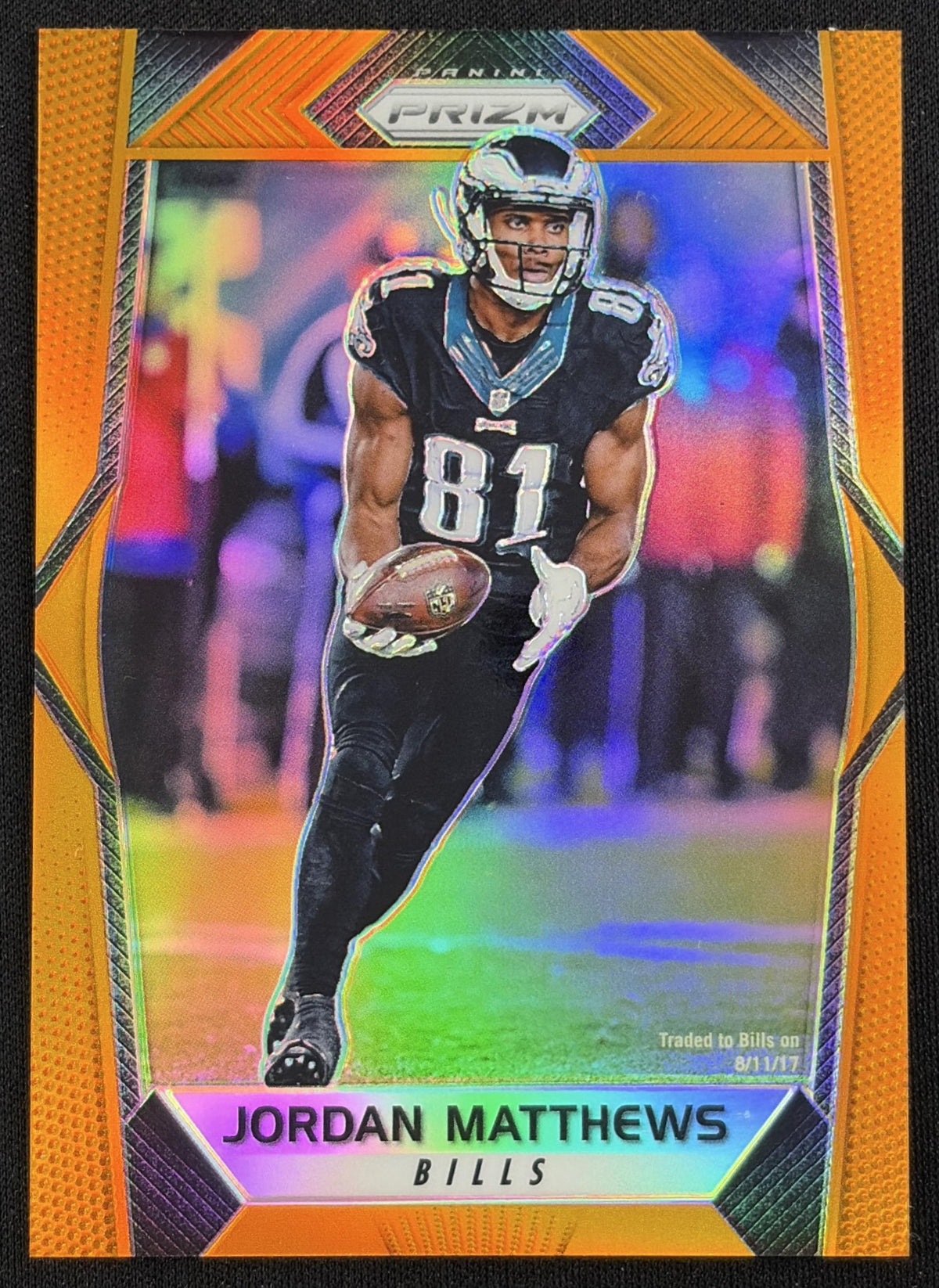 Front of Jordan Matthews 2017 Panini Prizm Orange /275 Bills sports trading card