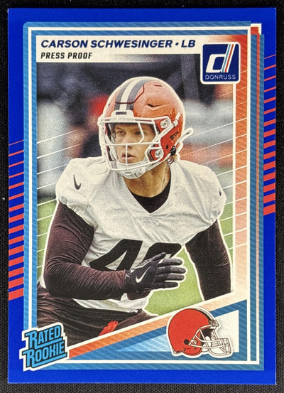 Carson Schwesinger 2025 Panini Donruss Rated Rookie Press Proof Blue Browns Sports Trading Cards