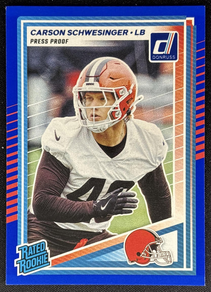 Carson Schwesinger 2025 Panini Donruss Rated Rookie Press Proof Blue Browns Sports Trading Cards