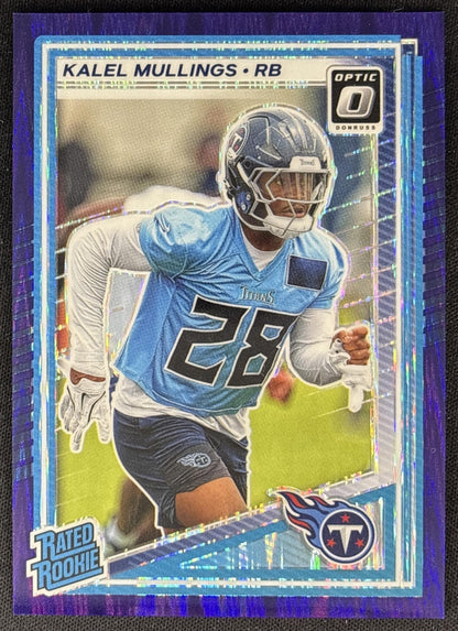 Kalel Mullings 2025 Panini Donruss Optic Rated Rookie Purple Shock Prizm Titans - Front