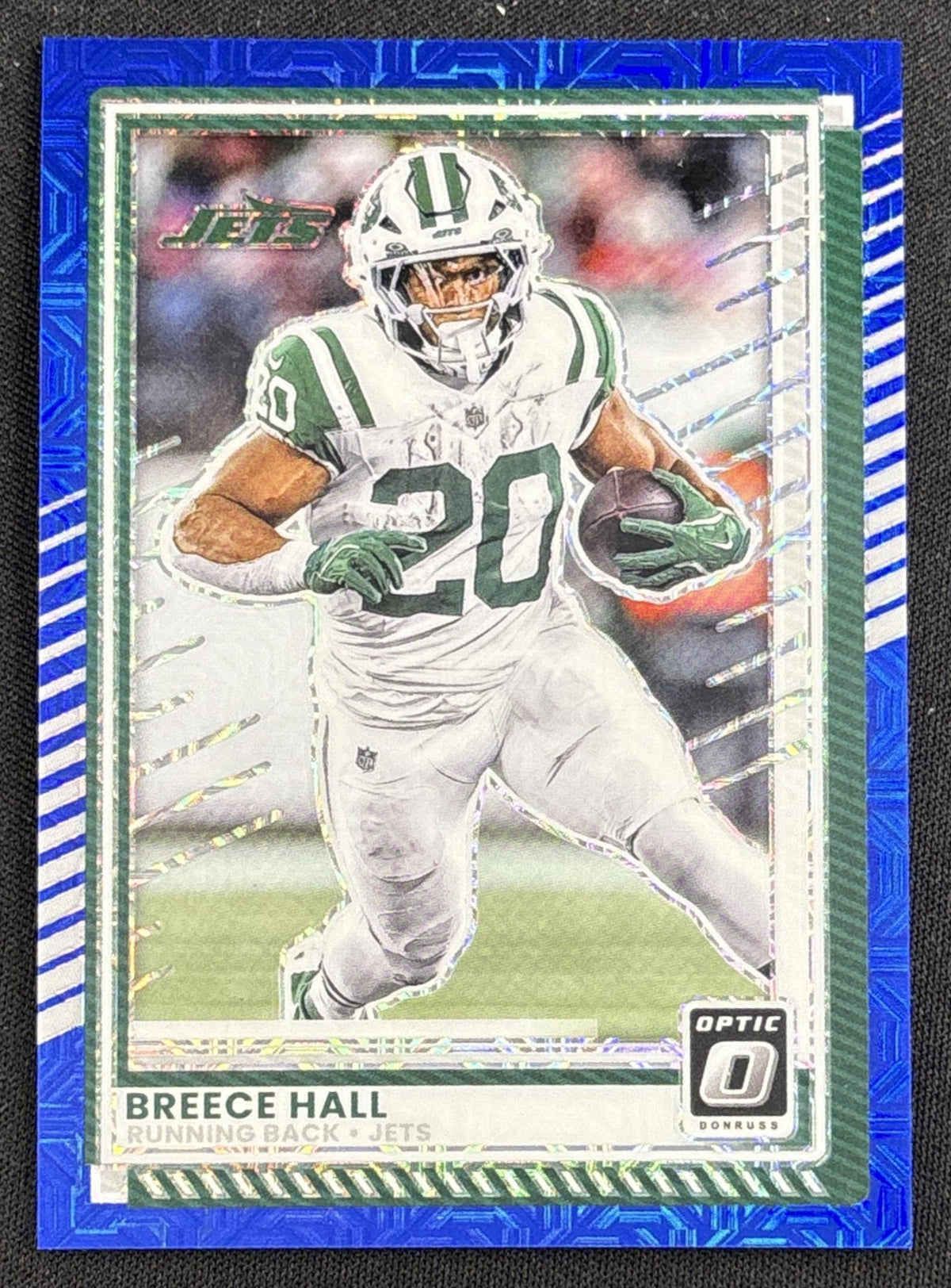 Breece Hall 2025 Panini Donruss Optic Blue Mojo Prizm /55 Jets Sports Trading Card