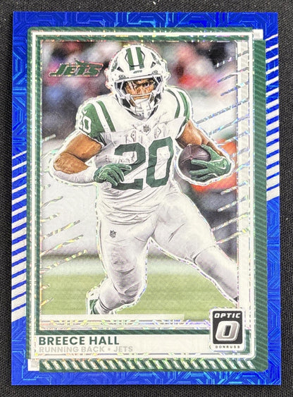 Breece Hall 2025 Panini Donruss Optic Blue Mojo Prizm /55 Jets Sports Trading Card