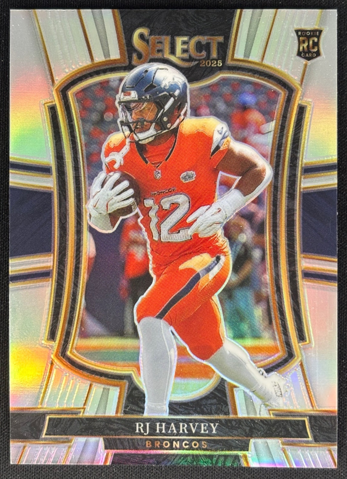 RJ Harvey 2025 Select Premier Level Silver Prizm Broncos Sports Trading Card