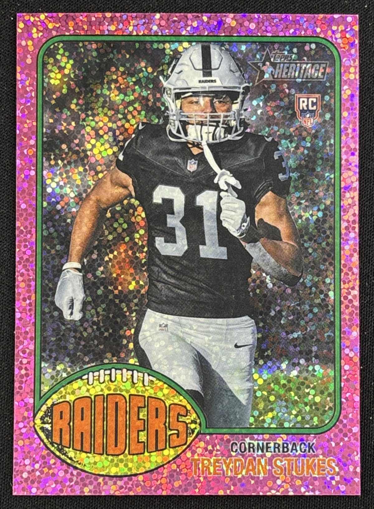 Treydan Stukes 2026 Topps Heritage Chrome Pink Sparkle Raiders Sports Trading Card
