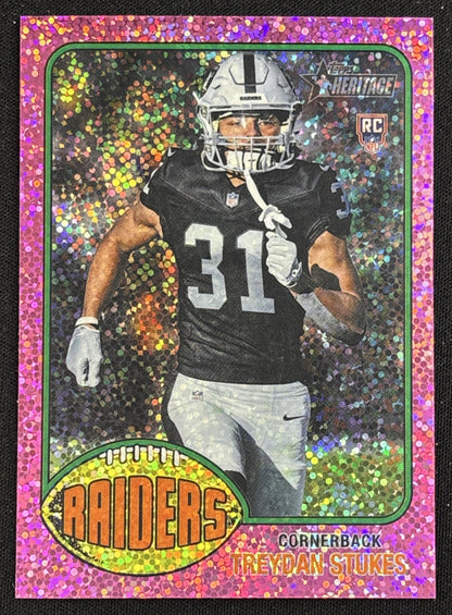 Treydan Stukes 2026 Topps Heritage Chrome Pink Sparkle Raiders Sports Trading Card