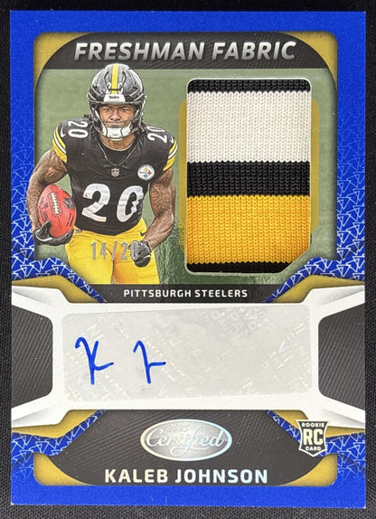 Kaleb Johnson 2025 Certified Freshman Fabric Mirror Signatures Blue Etch /20 Steelers Sports Trading Cards