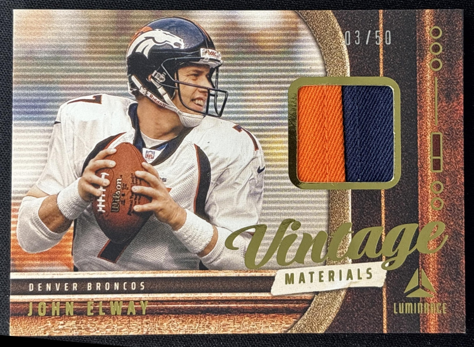 John Elway 2025 Panini Luminance Vintage Materials Gold /50 Sports Trading Cards