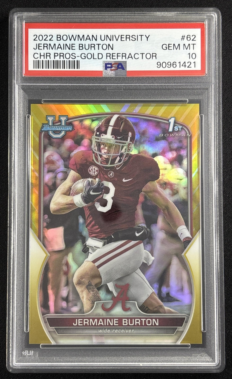 Jermaine Burton 2022 Bowman University Chrome Gold Refractor /50 PSA 10 Crimson Tide