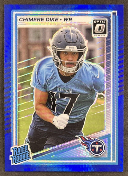 Chimere Dike 2025 Panini Donruss Optic Rated Rookie Blue Hyper Prizm Titans front