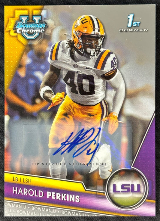 Front of Harold Perkins 2023 University Chrome Prospect Auto Tigers sports trading card