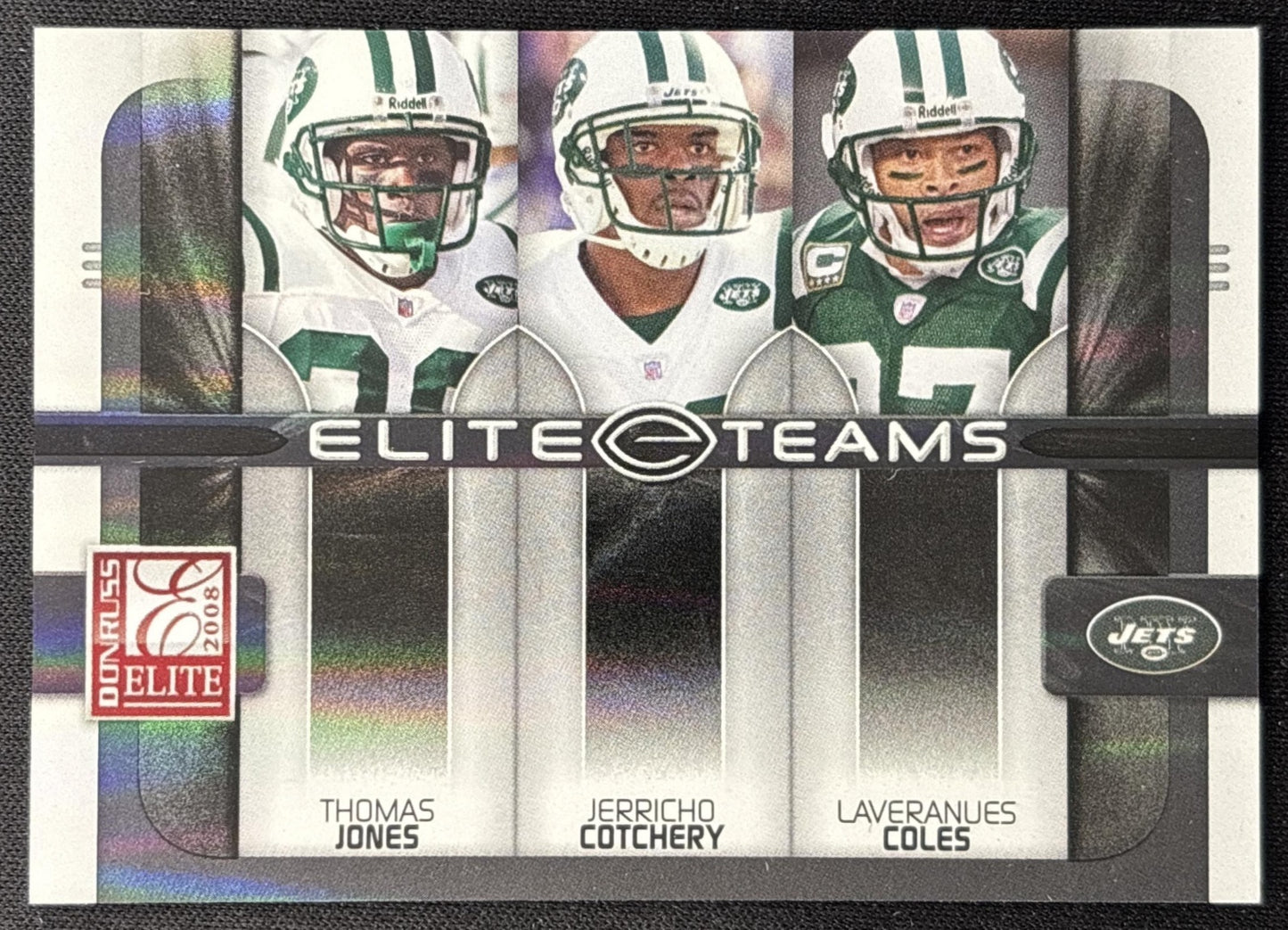 Thomas Jones Jerricho Cotchery Laveranues Coles 2008 Elite Teams Black /800 Jets front