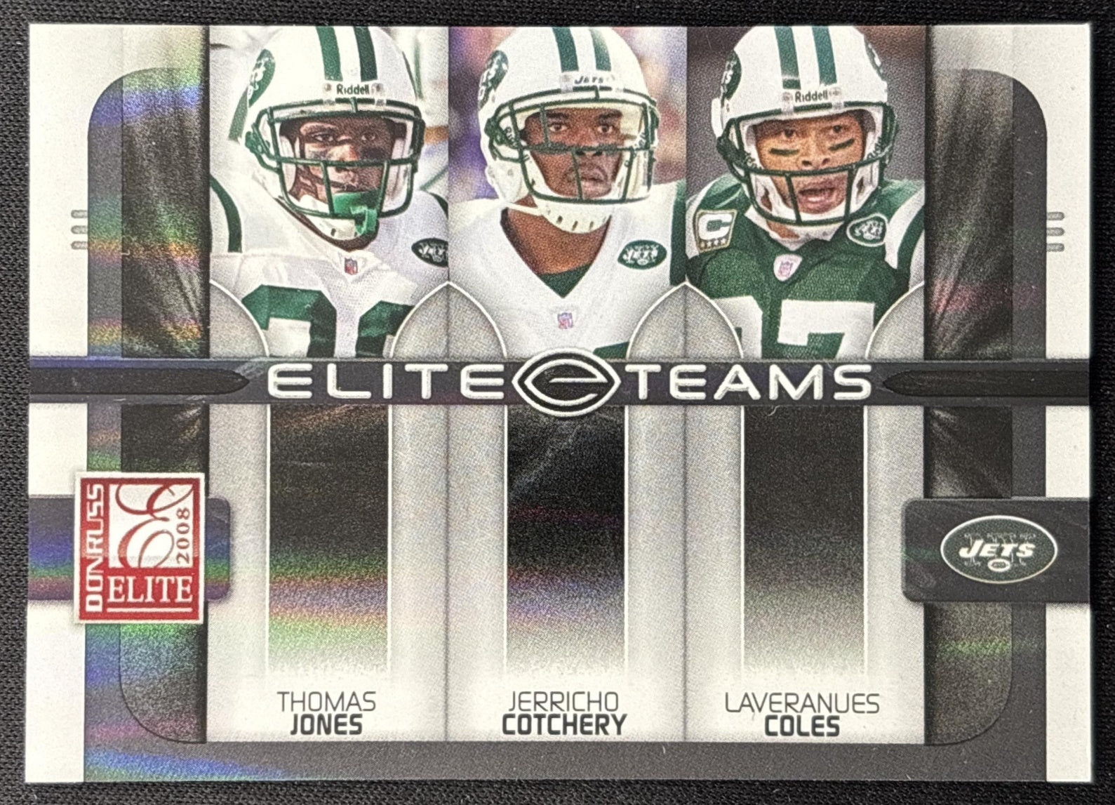 Thomas Jones Jerricho Cotchery Laveranues Coles 2008 Elite Teams Black /800 Jets front