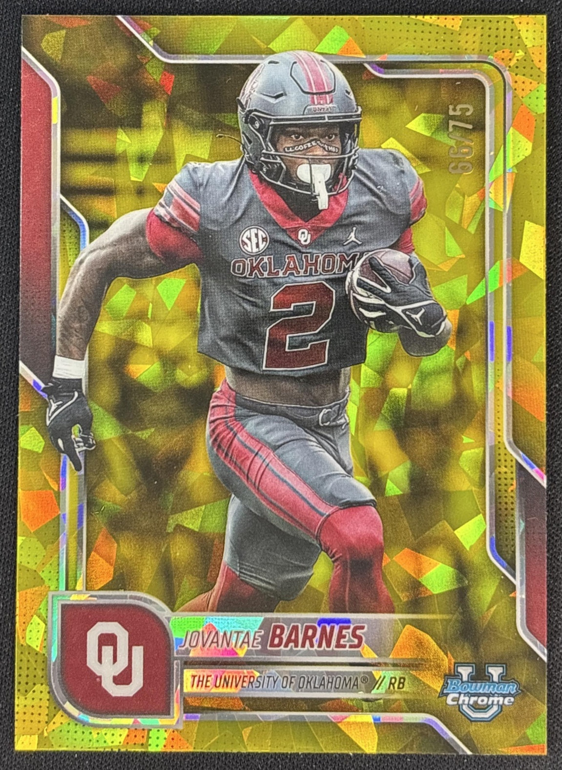 Jovantae Barnes 2025 Chrome University Sapphire Prospect Yellow Refractor /75 Sooners front