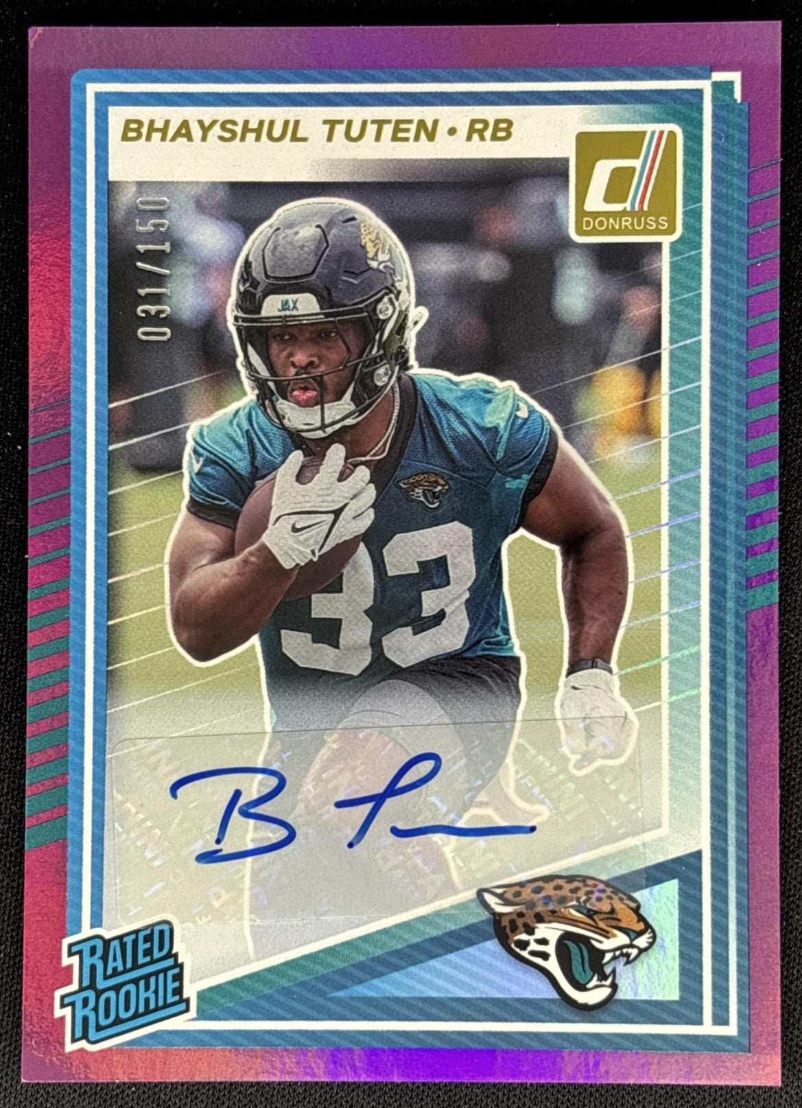 *Damaged* Bhayshul Tuten 2025 Panini Donruss Rated Rookie Auto Purple /150 Jaguars Sports Trading Cards