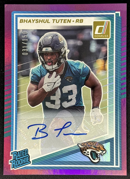 *Damaged* Bhayshul Tuten 2025 Panini Donruss Rated Rookie Auto Purple /150 Jaguars Sports Trading Cards