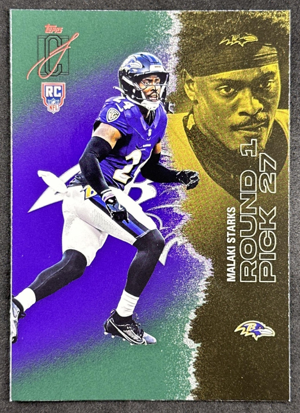 Malaki Starks 2025 Topps Signature Class Rookie Green & Purple Foil Ravens front sports trading card