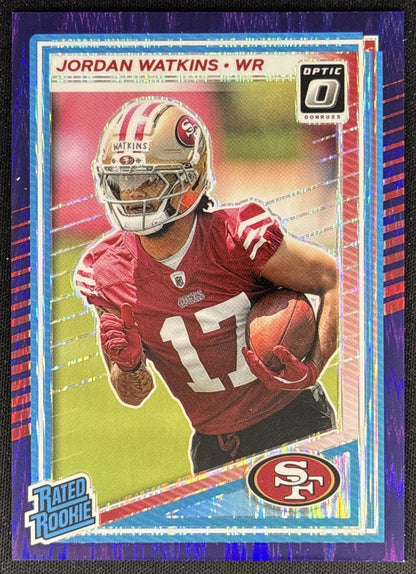Jordan Watkins 2025 Panini Donruss Optic Rated Rookie Purple Shock Prizm 49ers front