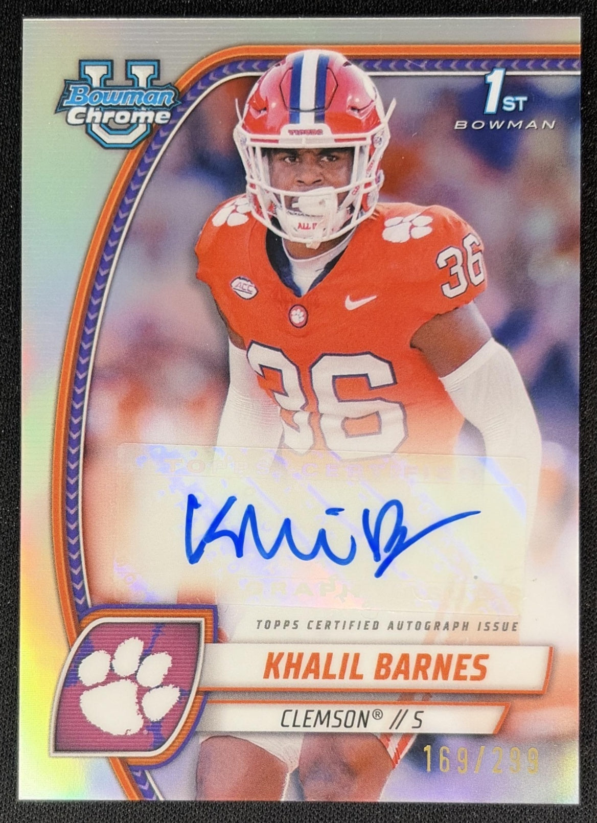 Khalil Barnes 2024 Bowman Chrome University Prospect Auto Refractor /299 Tigers Front