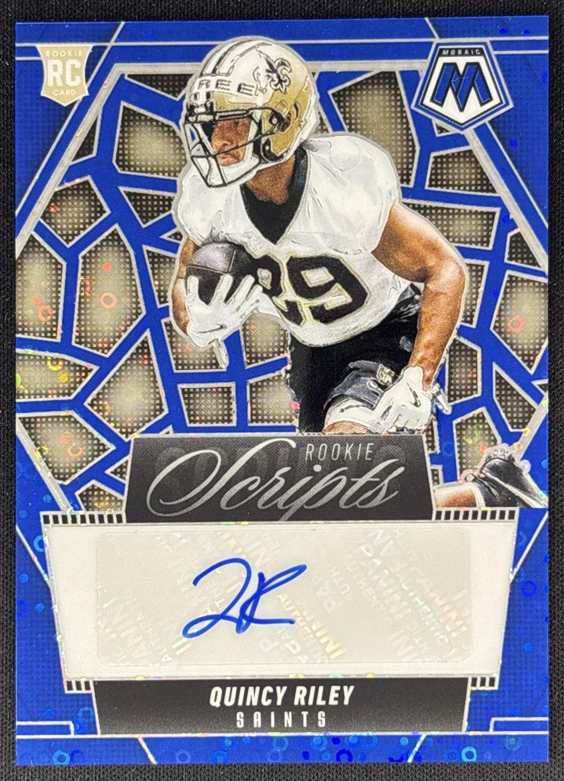 Quincy Riley 2025 Panini Mosaic Rookie Scripts No Huddle Blue Prizm Saints Front