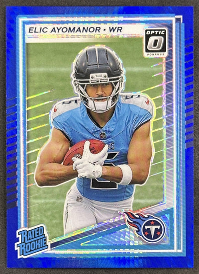 Elic Ayomanor 2025 Panini Donruss Optic Rated Rookie Blue Hyper Prizm Titans Sports Trading Cards