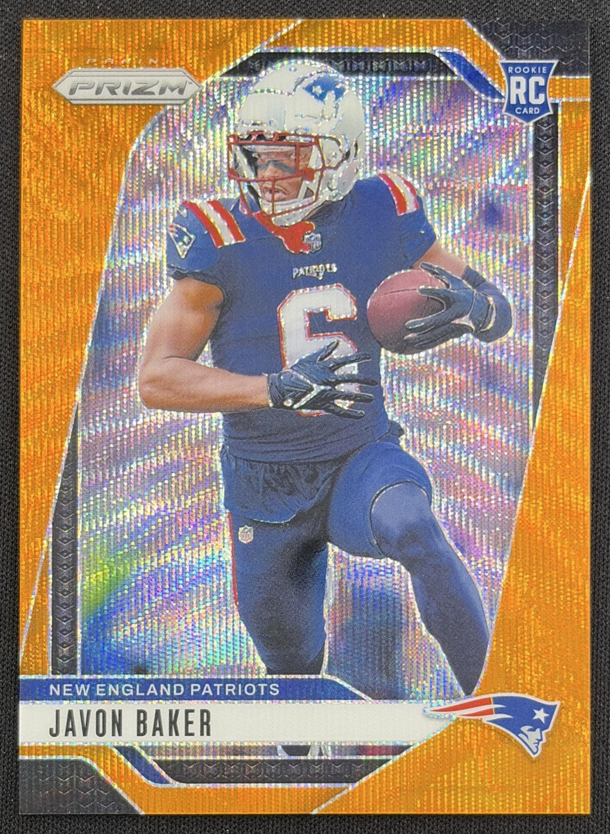 Javon Baker 2024 Panini Prizm Orange Wave /60 Patriots front