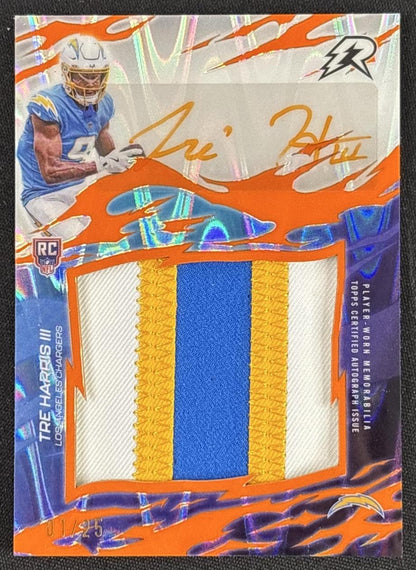 Tre Harris III 2025 Resurgence Rookie Relic Signatures Orange Power Surge Refractor /25 Chargers