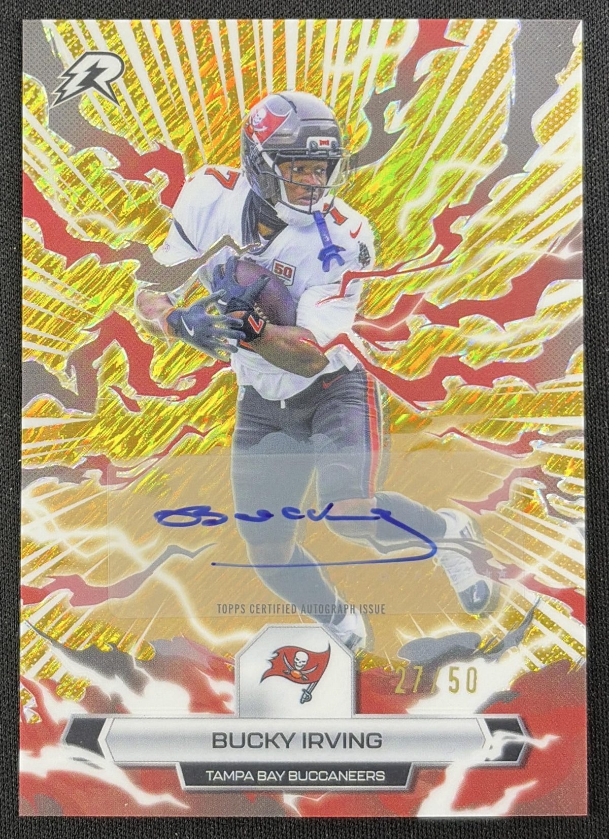 Bucky Irving 2025 Topps Resurgence Signatures Gold Power Surge Refractor /50 Buccaneers