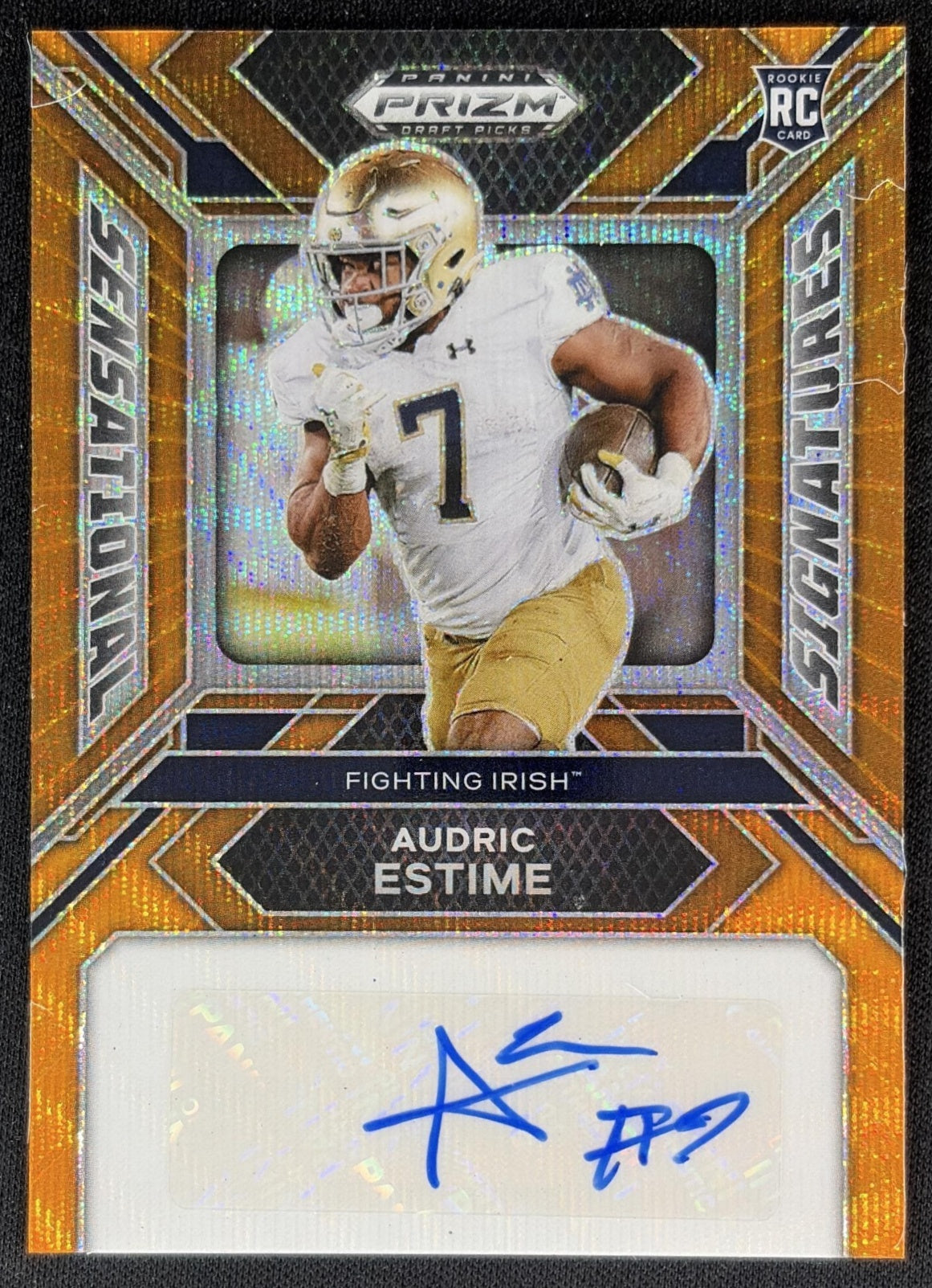 Audric Estime 2024 Prizm Collegiate Draft Picks Sensational Signatures Orange Wave /75 Fighting Irish Broncos Sports Trading Cards