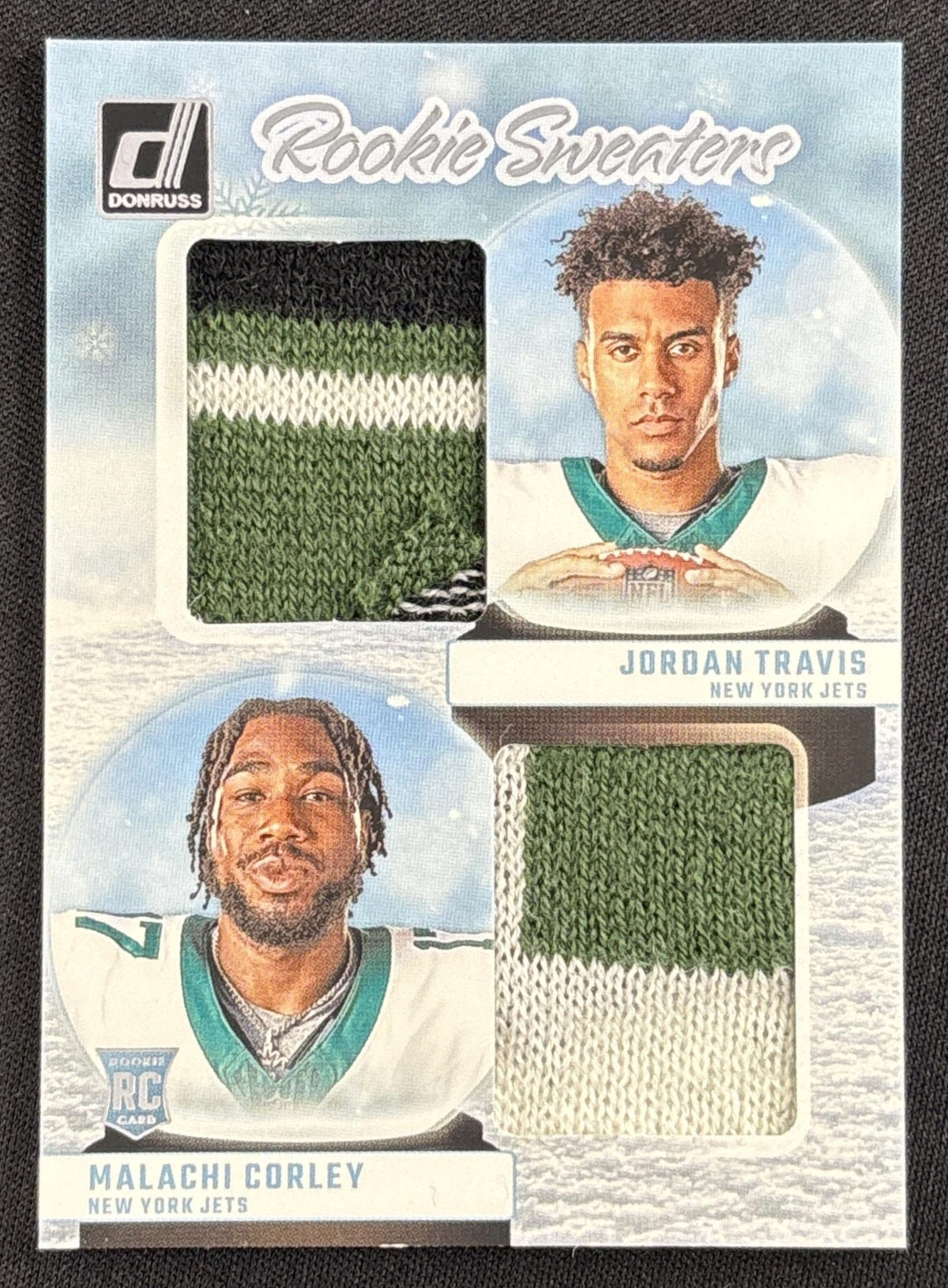 Jordan Travis Malachi Corley 2024 Panini Donruss Rookie Holiday Sweater Dual Jets