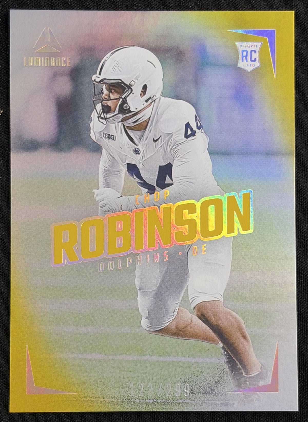 Front of Chop Robinson 2024 Panini Luminance Gold /299 Dolphins sports trading card